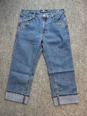 Y2K Jeanbay Womens Size 27 Cuffed Capri Jeans Embroidered Rhinestone Denim